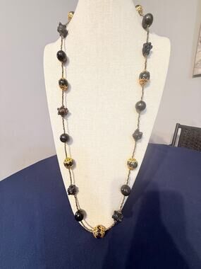 Vintage 40” Black Beaded Statement Necklace Gold Tone Accents